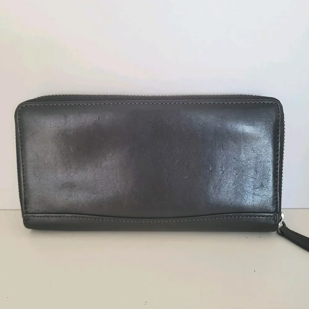 Serratura Smooth Leather Wallet Solid Black Zip Around Large Organizer Timeless